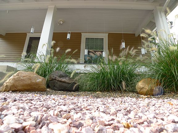 Drought resistant ornamental grasses with pea gravel and frosted rose quartz