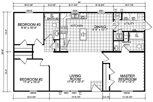 Floor plan 3 Bed 2 Bath Multi Section Home