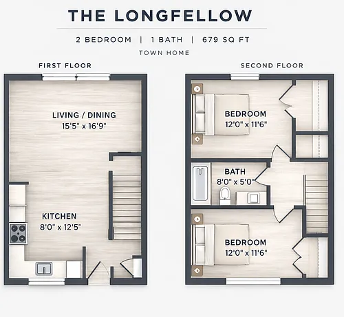 Floor plan 2 Bed 1.5 Bath TH - The Longfellow