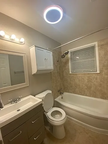 Restroom with LED lights, Bluetooth speaker exhaust fan, new shower wand and toilet seat.