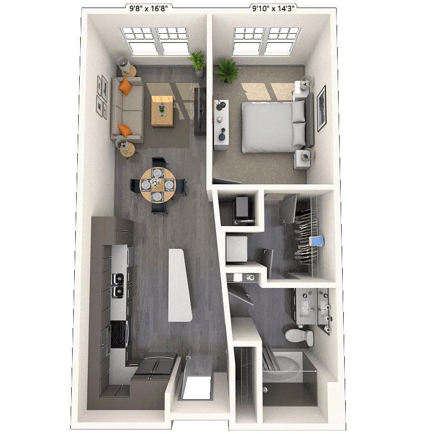 Floor plan Traditional 1x1 674-875 SF