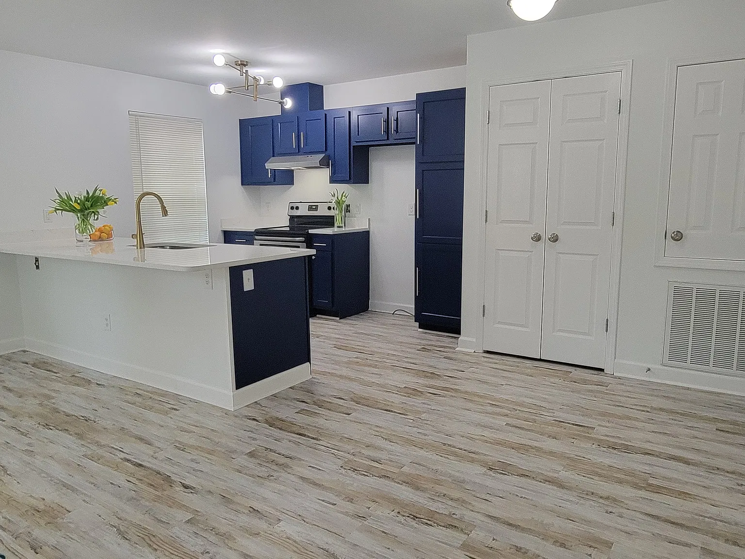 Newly renovated townhome, open floor plan. The kitchen features navy blue cabinets accented with gold hardware, white quartz counter tops, stainless steel appliances, kitchen sink/gold faucet, modern lighting, LVP flooring, white walls through out.