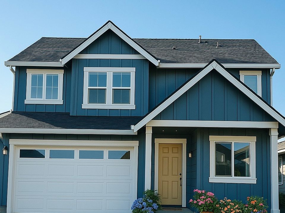 Farm house inspired exterior features vertical sliding, exposed rafters and a covered porch underneath a gable roofline