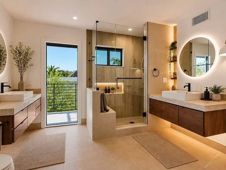 This bathroom is accessible through the room that showed the office as well as through the hallway (2 lockable doors), it has an attached balcony as well, which is quite a location for stepping out while getting ready for the day! Complete with two sinks.