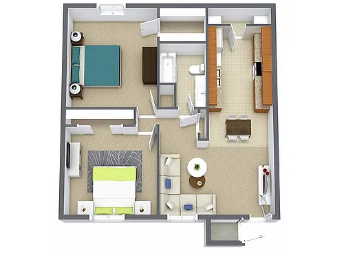 Floor plan 2 Bed, 1 Bath A (80% Income Restricted)