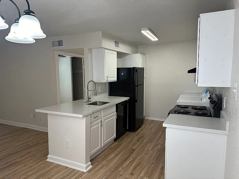 Modern kitchen with sleek black appliances, chic pendant lighting, and elegant white cabinetry on wood-style flooring. Modern kitchen with sleek black appliances, chic pendant lighting, and elegant white cabinetry on wood-style flooring.