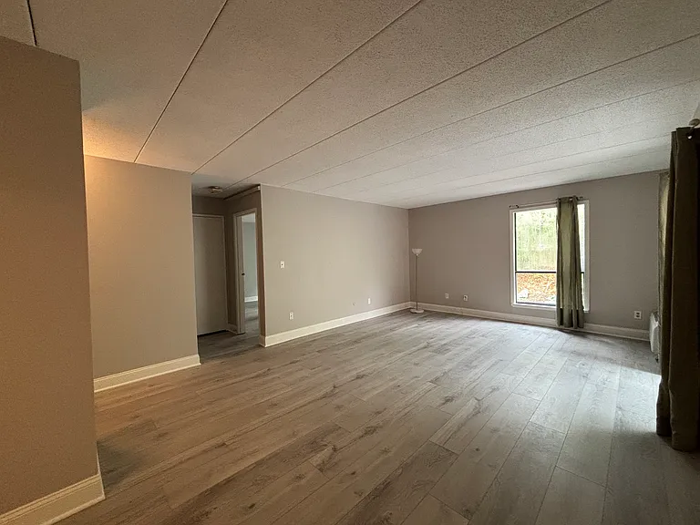 View of living room from the kitchen. The closed white door you see on the left is a third closet.