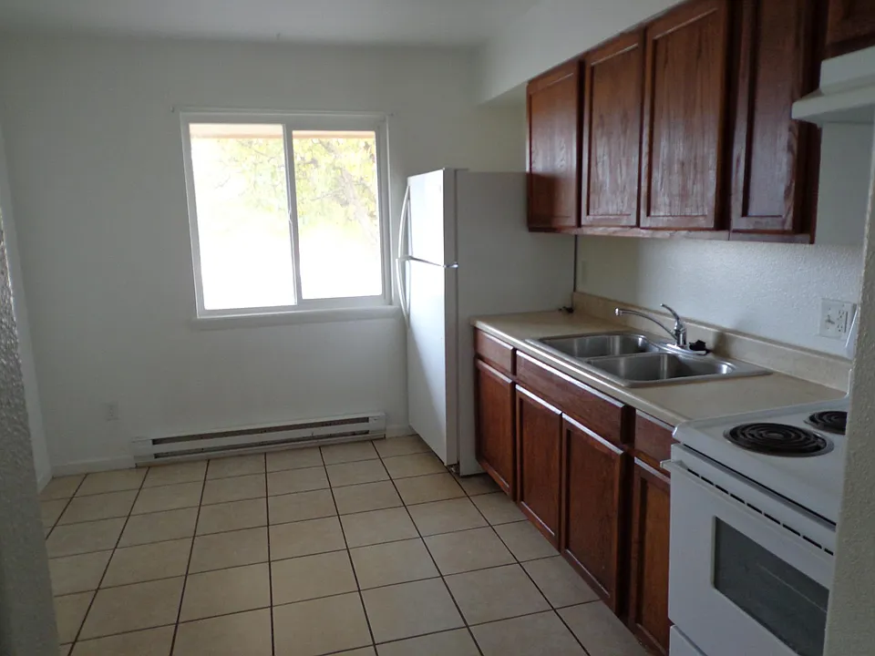 kitchen at end of hallway