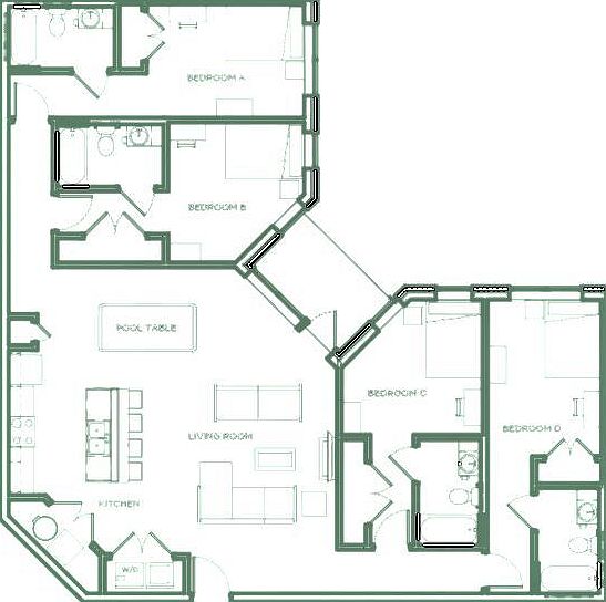 Floor layout.  Available bedroom is 2nd from right side.