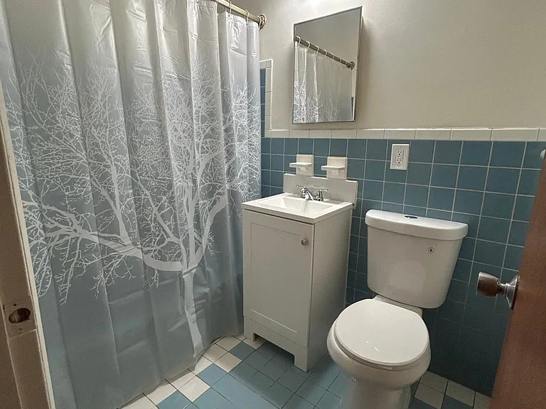 Hallway bathroom. New lighting, sink with cabinet and toilet.