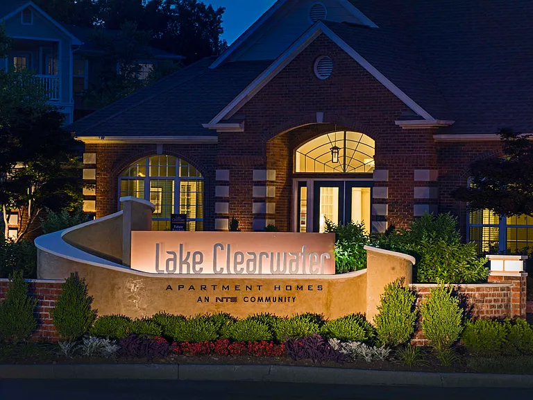 Lake Clearwater entrance sign at dusk