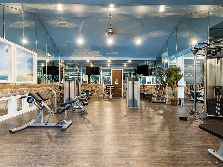 Luxurious fitness center with mirrored walls, modern exercise equipment