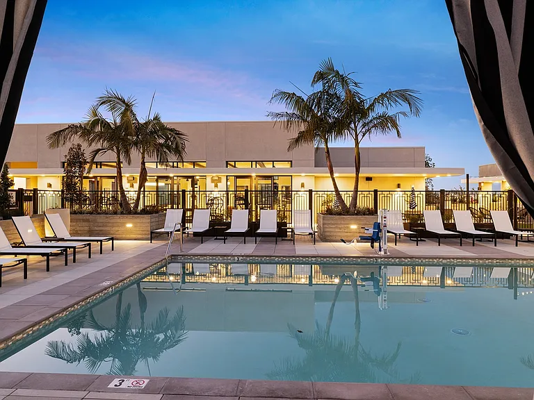 Unwind poolside under the palms at golden hour.