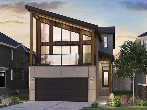Exterior view of the Hudson 2 Rustic Contemporary model by Brookfield Residential in Calgary.