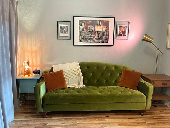 Futon sleeper sofa for guests.