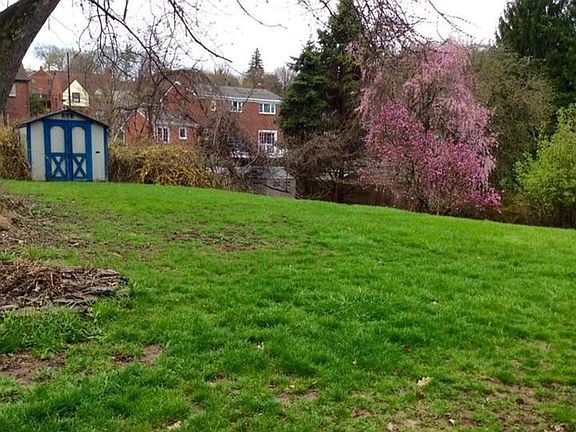 The flat, usable side yard with a view of the shed