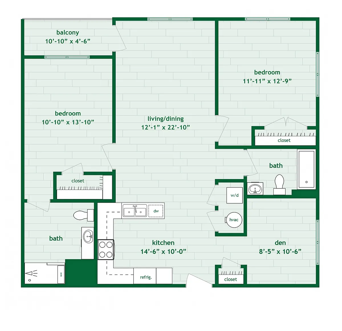 Floor plan 2 Bed 2 Bath B with Den - 1,064 Sq. Ft
