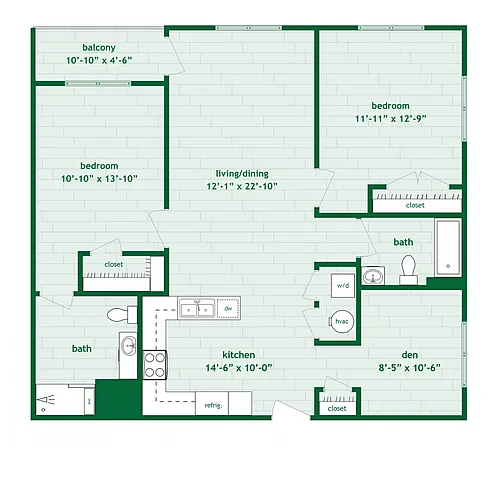 Floor plan 2 Bed 2 Bath B with Den - 1,064 Sq. Ft