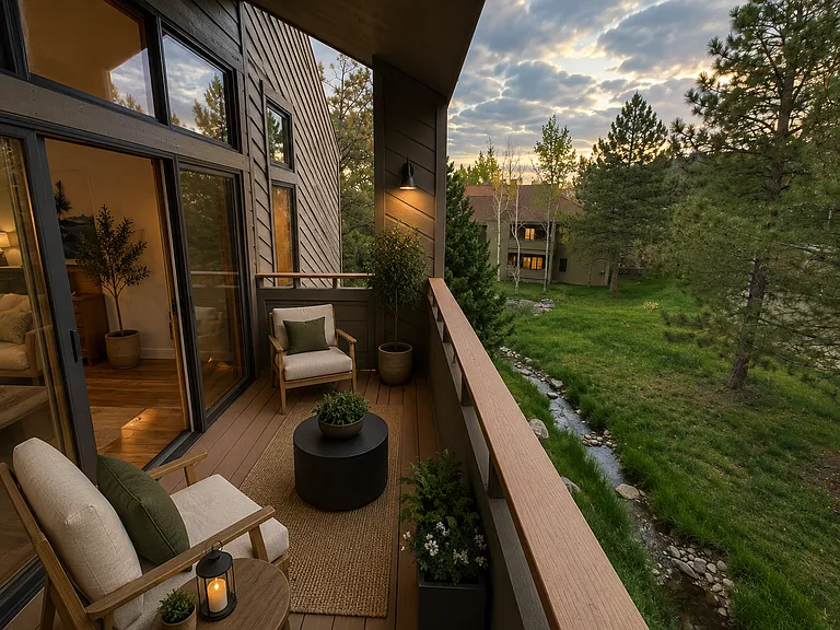 AI-staged private deck concept highlighting the peaceful outdoor living space, mature trees, creekside setting, and fresh Genesee foothills atmosphere.