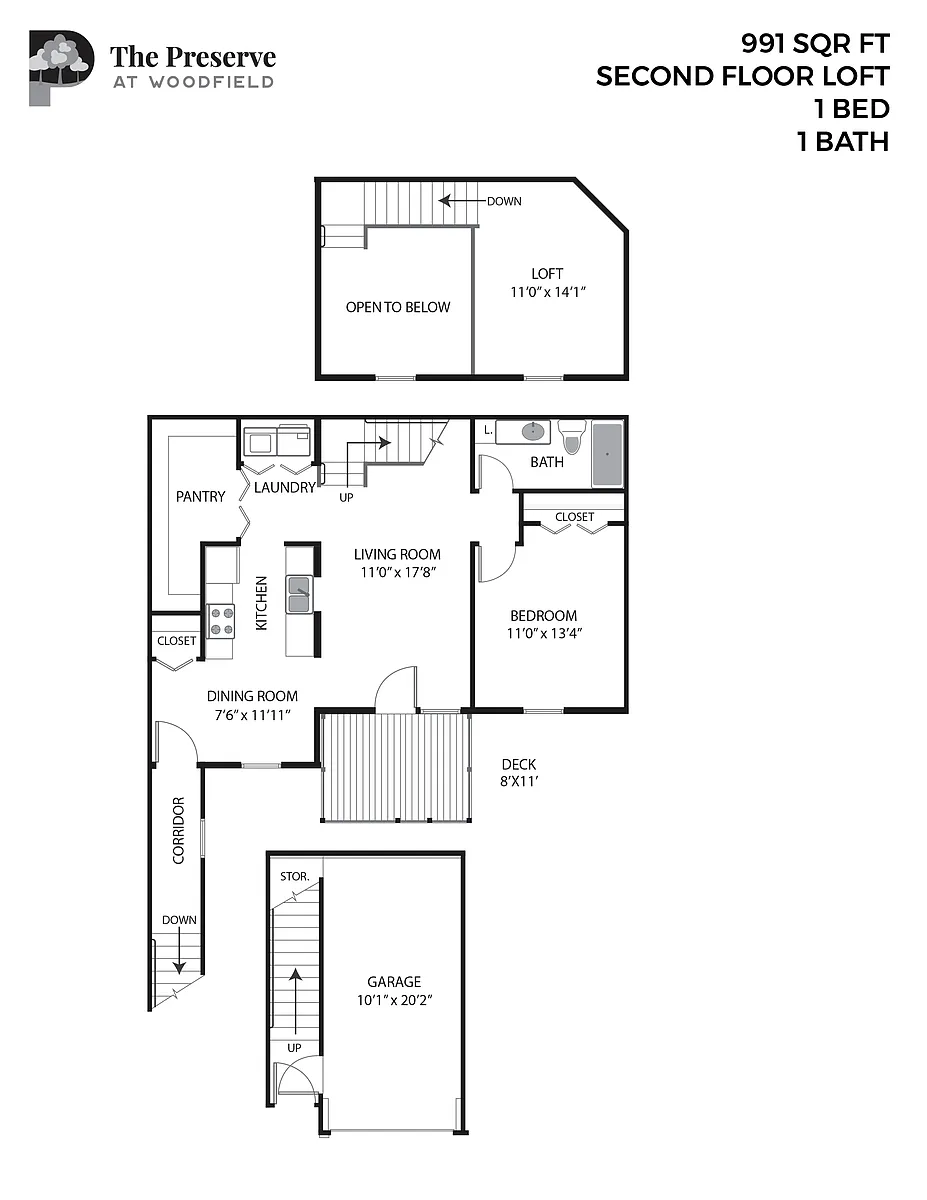Floor plan 1 Bedroom 1 Bath Loft (991 Sq. Ft.)