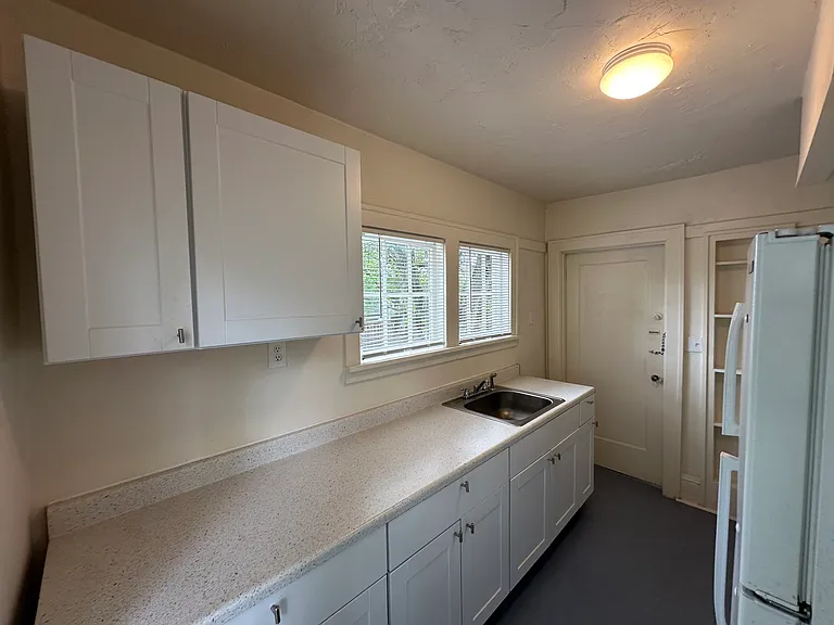 kitchen with view of back exit to basement