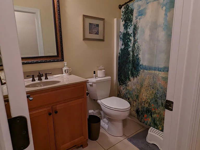 Downstairs full bath off main hallway.
