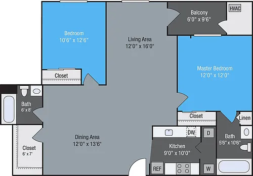 Floor plan Simone - 2 Bedroom 2 Bath