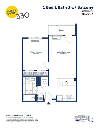 Floor plan 1 Bed 1 Bath J w/ Balcony