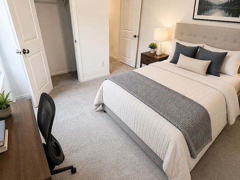 Comfortable third bedroom featuring neutral finishes and a bright open layout