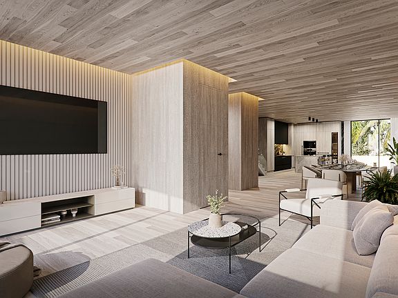 Living Room, view of the Elevator and Kitchen