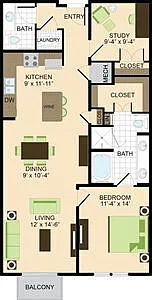 Floor plan 1 BR 1.5Ba 1092sf