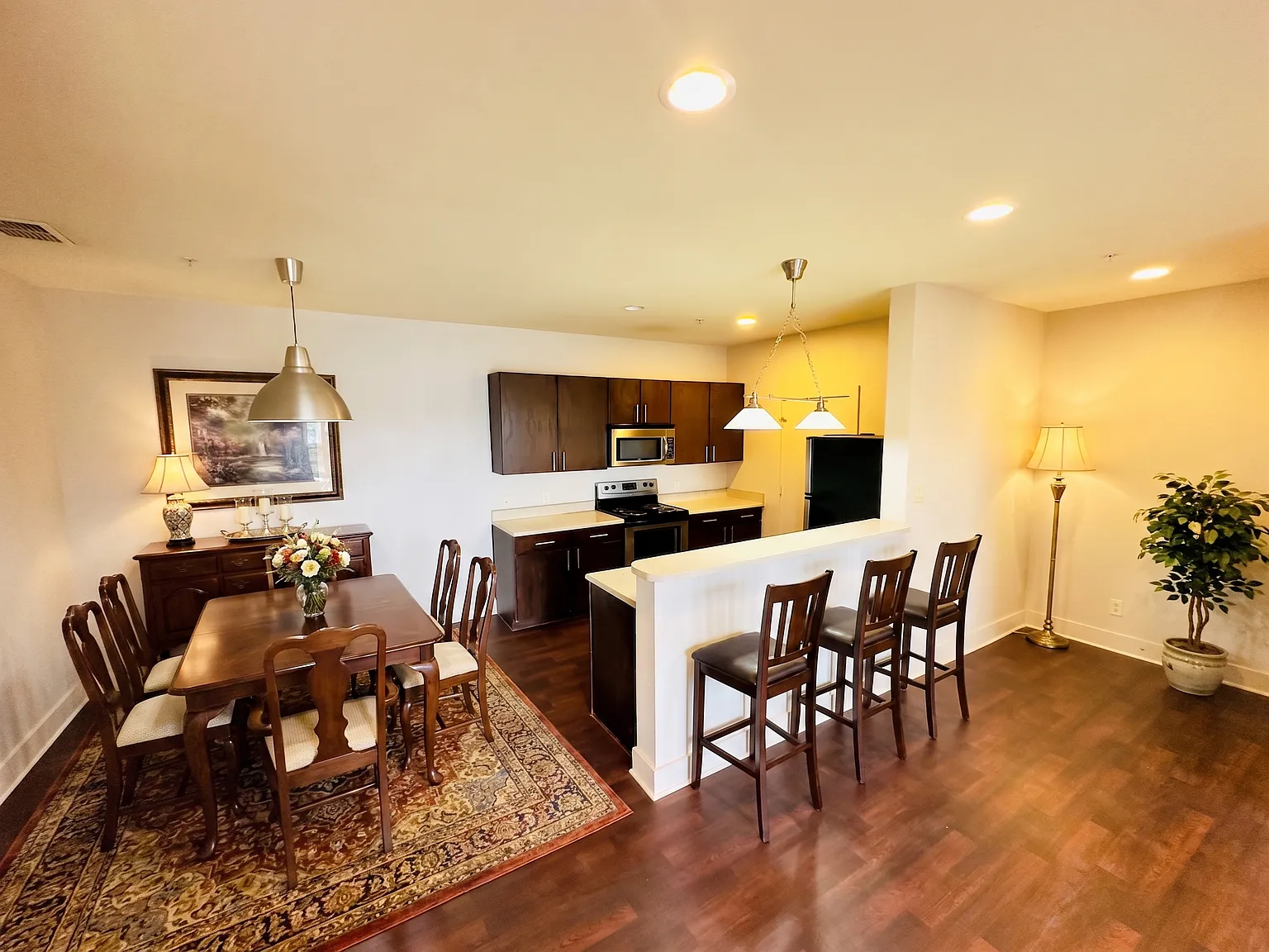 Open concept layout kitchen, dining and living; perfect for entertaining friends and family