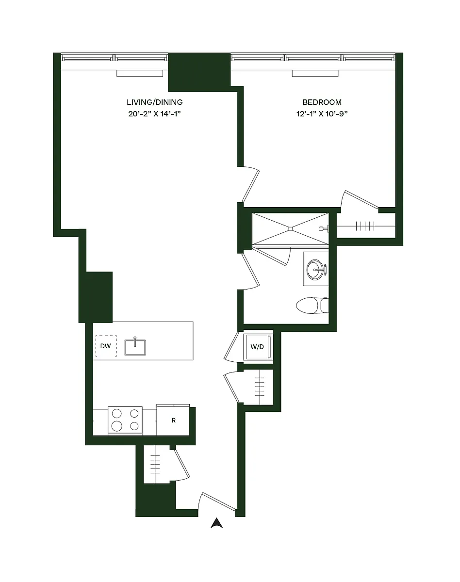 Floor plan Residence 02 - South: 1BR 1BA