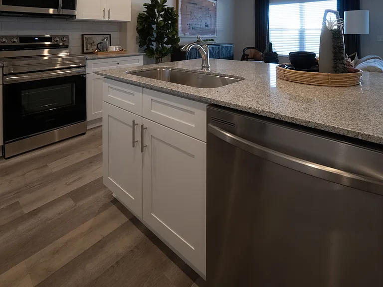 Kitchen island with stainless steel dishwasher and under-mounted kitchen sink with granite countertops.