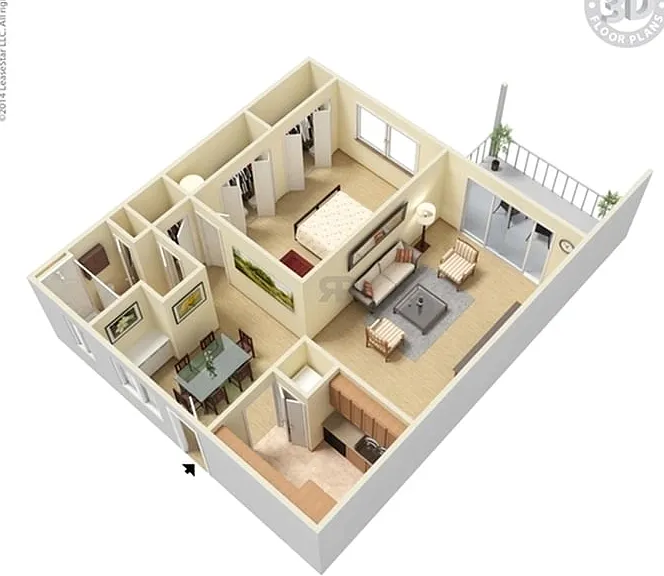 Modern 3D floor plan with a cozy bedroom, stylish living room, elegant dining area, and a compact kitchen, complete with a private balcony. Modern 3D floor plan with a cozy bedroom, stylish living room, elegant dining area, and a compact kitchen, complete