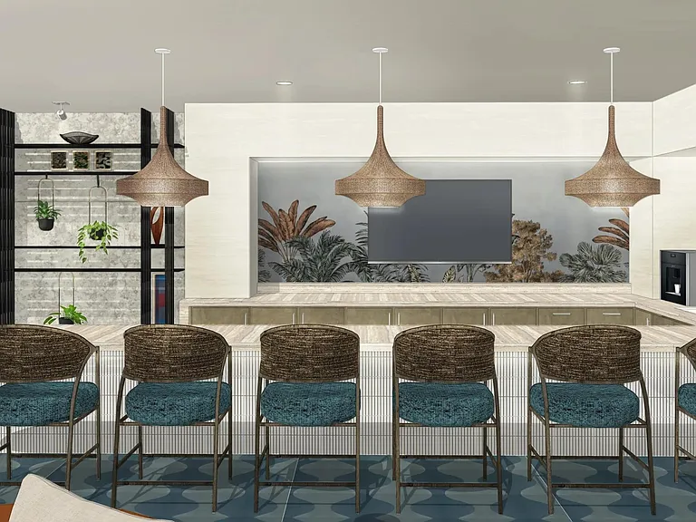 A warm, co-working hub designed for convenience, with natural textures and statement lighting setting the tone.