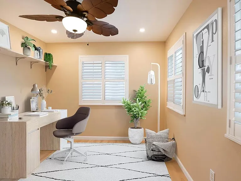 Bedrooms with wall mount air-conditioning, decorative fans, and shutters