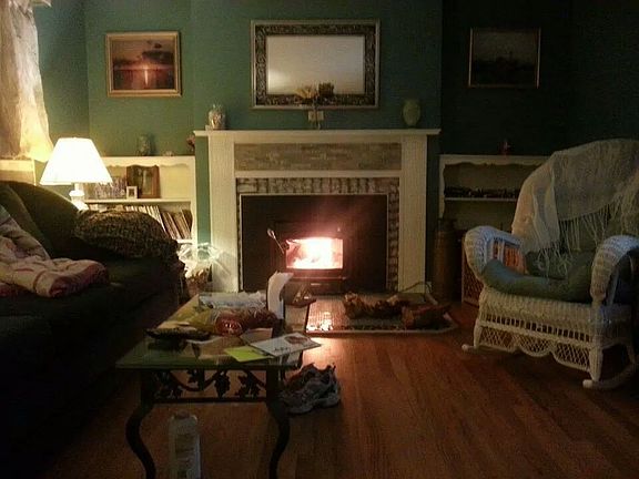living room with wood stove 