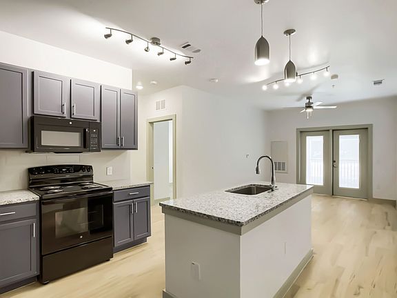 kitchen island and living room