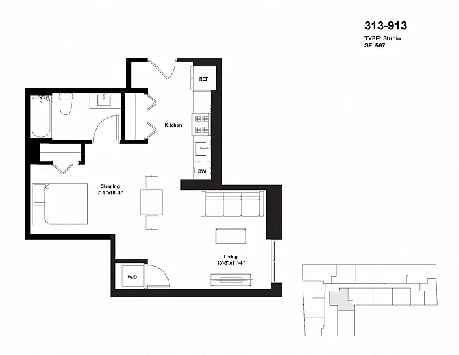 Floor plan Tier 13 / Junior One Bedroom