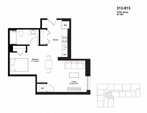 Floor plan Tier 13 / Junior One Bedroom