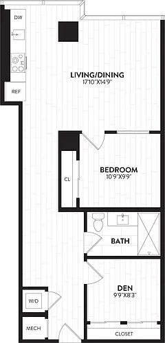 Floor plan 1 Bed-1Bath JR Den-1Q Alchemy