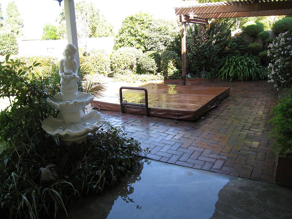 Large patio, in ground spa, water feature