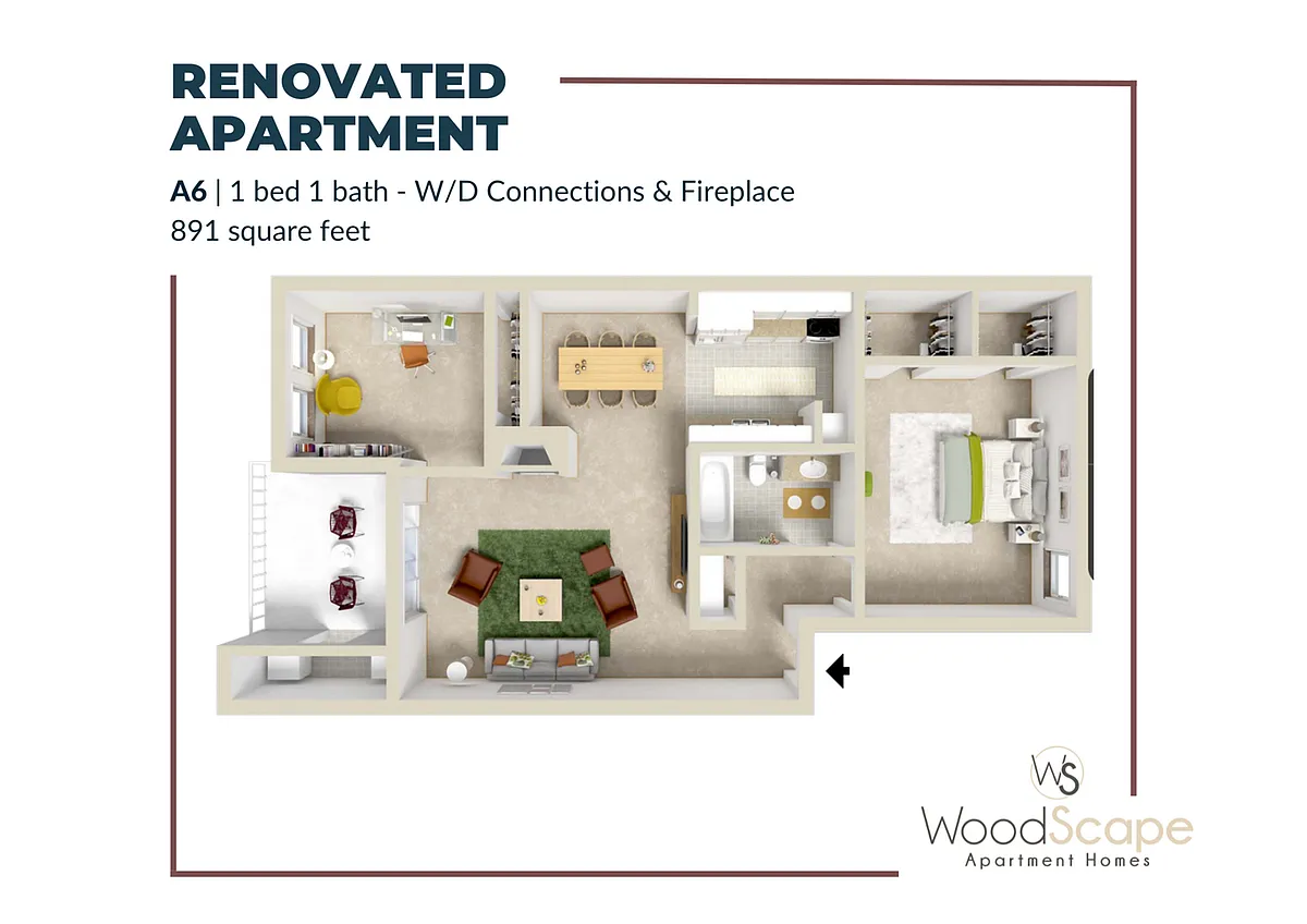 Floor plan A6 (W/D Connections and Fireplace) Renovated