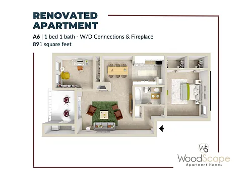 Floor plan A6 (W/D Connections and Fireplace) Renovated
