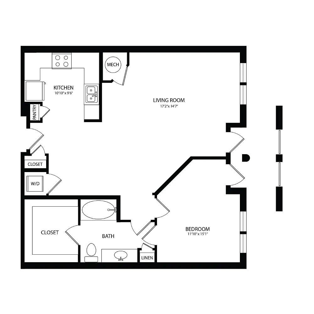 Floor plan 1 Bedroom, 1 Bath 896 SF A3B