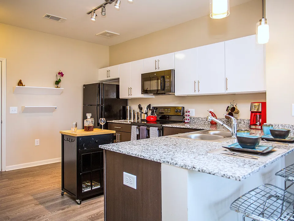 Contemporary kitchen with granite countertops, sleek cabinetry, and modern appliances.