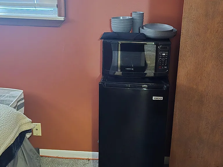 Private bedroom area includes a convenient mini fridge and microwave station near the window for quick meals and snacks.