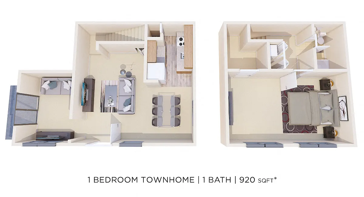 Floor plan One Bedroom w/ Den Townhome - 920 sqft