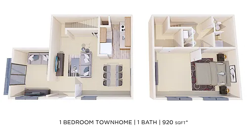 Floor plan One Bedroom w/ Den Townhome - 920 sqft